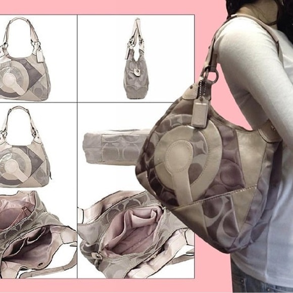 🐂 Coach Signature 16327 Mia Maggie Inlaid C Hobo Patchwork Leather Pink/Tan - Picture 4 of 16